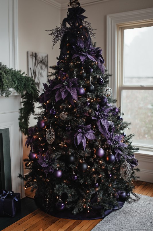 A decorated Christmas tree is decorated with purple ornaments, ribbons and poinsettias. It sits by a window in a room with a white fireplace and green plants on the mantel.