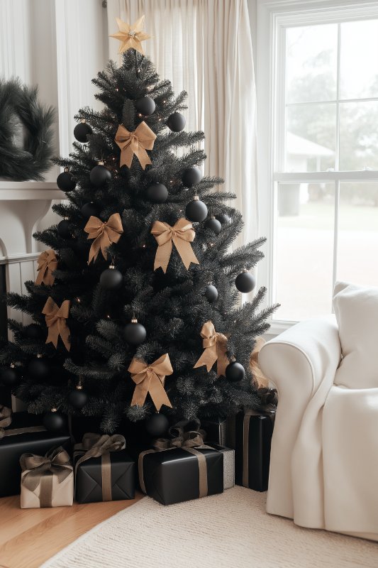 A decorated Christmas tree with black balls and gold bows stands next to a white armchair, with wrapped presents lying under the tree.