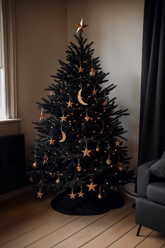 A decorated black Christmas tree with gold star and moon ornaments, orange lights and a star topper in a dimly lit room with hardwood floors and a gray sofa.