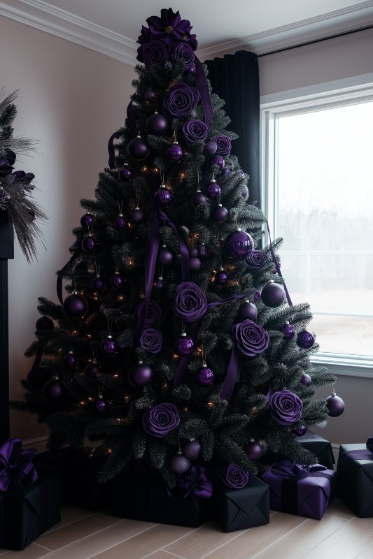 A decorated Christmas tree with purple roses, ornaments and ribbons next to wrapped presents next to a window.