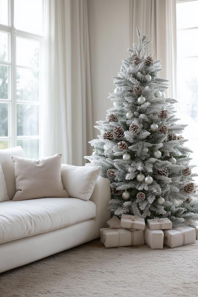 A decorated Christmas tree with white ornaments and pine cones stands next to a white couch in a bright, airy living room with large windows and light curtains. Wrapped presents lie under the tree.