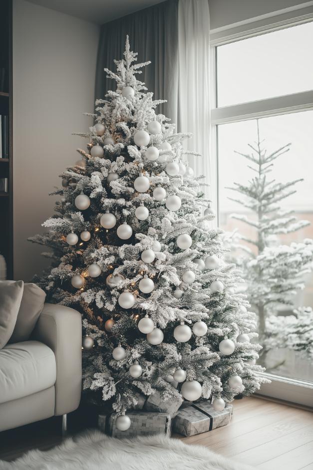 A frosted glass Christmas tree decorated with white ornaments and lights stands next to a window, with wrapped presents lying underneath, next to a beige couch in a cozy room.