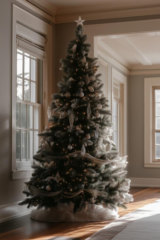 A decorated Christmas tree with lights, ornaments and a star on top stands in a bright room with large windows and hardwood floors.