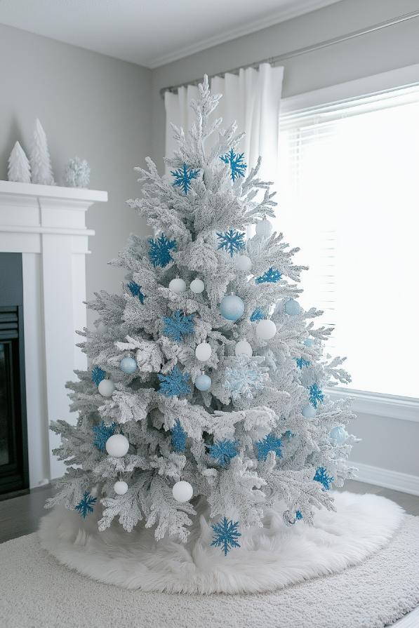 A white Christmas tree decorated with blue and white ornaments stands on a white round carpet in a bright room with light gray walls.