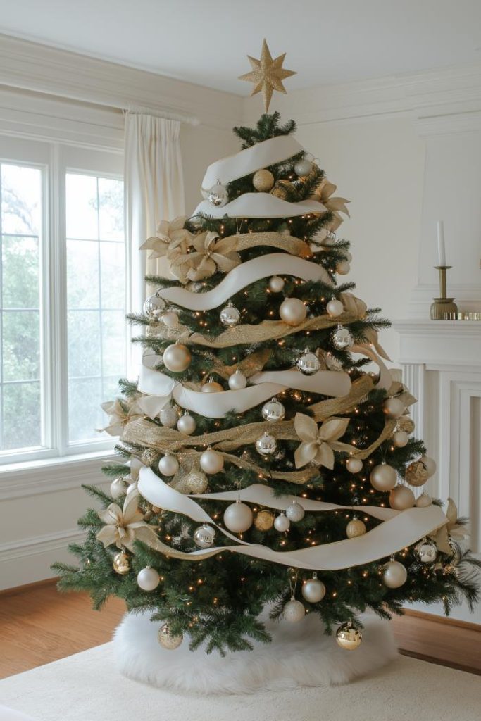 A Christmas tree decorated with gold and white ornaments, ribbons and a star lace stands next to a window and fireplace in a well-lit living room.