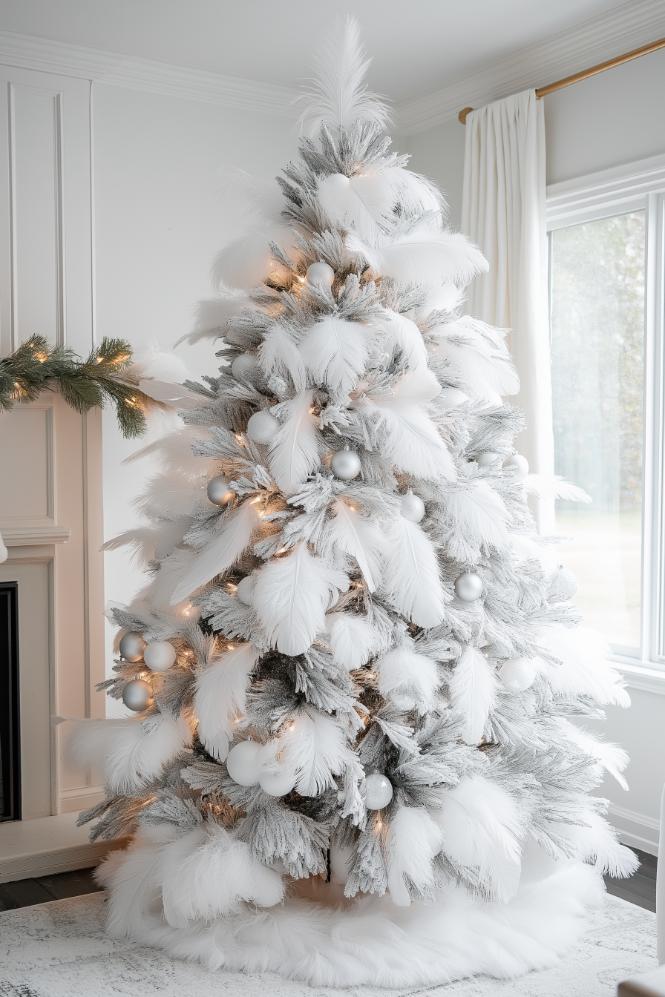 A Christmas tree decorated with white feathers, silver balls and white lights stands in a bright room next to a window with sheer curtains. Greenery with lights are draped over a white mantel.