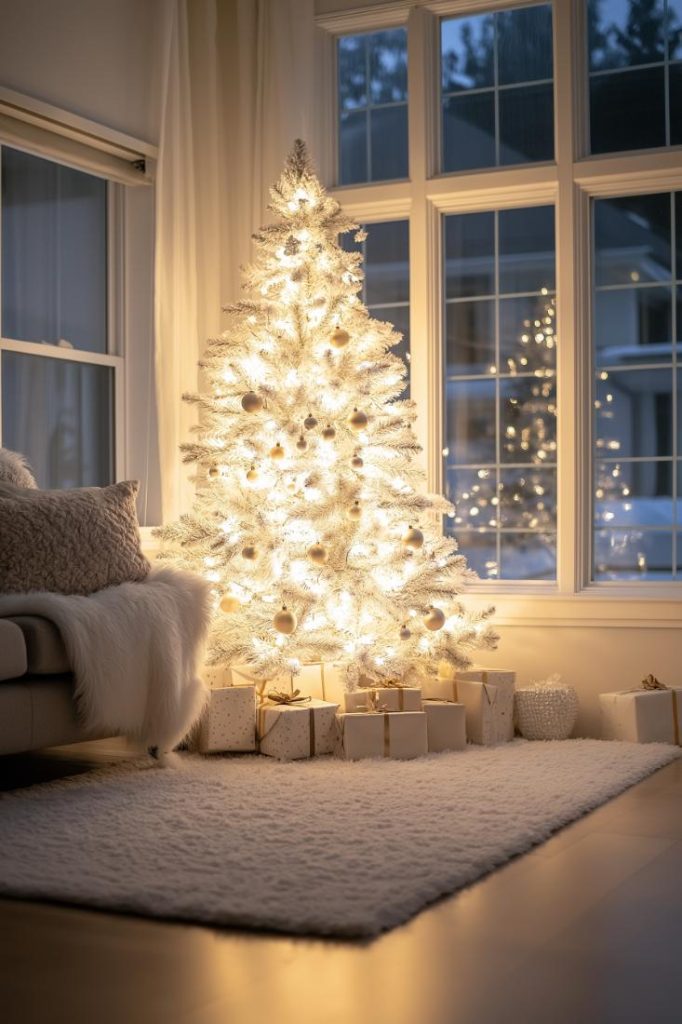 A decorated white Christmas tree with glowing lights and wrapped presents underneath stands next to a window in a cozy room with a soft couch and a plush carpet.