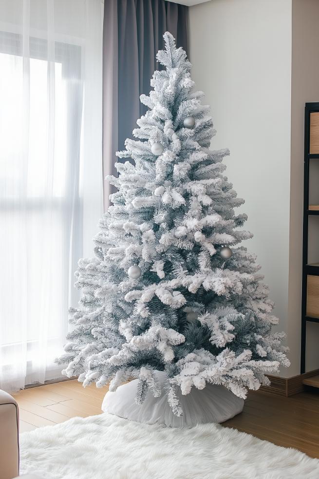 A snow-covered Christmas tree with white ornaments stands in a corner of a modern living room with sheer white curtains and a wooden floor.