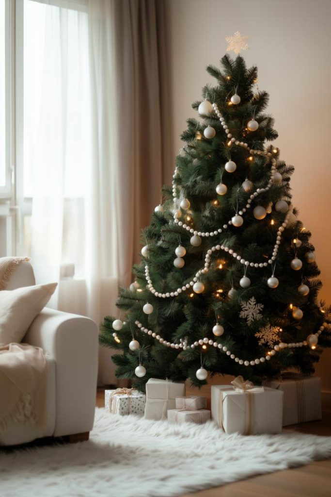 A decorated Christmas tree with lights, ornaments and garland stands next to a white couch in a room with large windows. Wrapped gifts are placed on a white carpet under the tree.