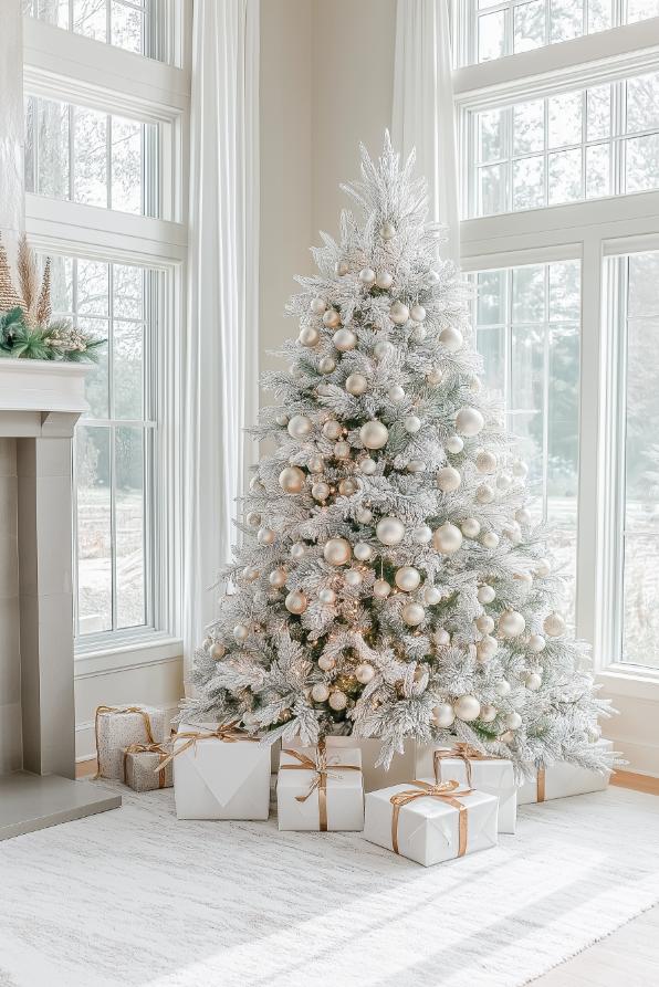 A Christmas tree decorated with white and gold ornaments stands next to wrapped presents in a brightly lit room with large windows.