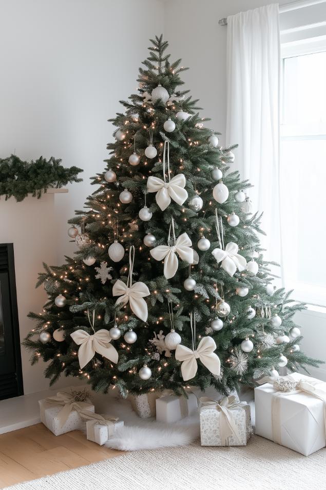 A decorated Christmas tree with white bows, white ornaments and white lights surrounded by wrapped presents stands next to a fireplace in a living room.