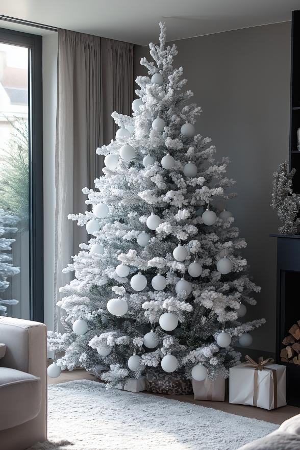 A frosted glass Christmas tree decorated with white ornaments stands next to a window in a modern living room, with wrapped presents lying underneath and sheer curtains behind them.