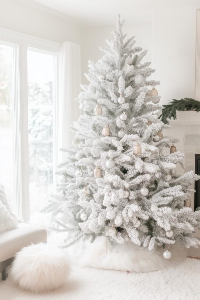 A white Christmas tree decorated with white and silver ornaments stands in a well-lit room with a white carpet, near a window and a fireplace.