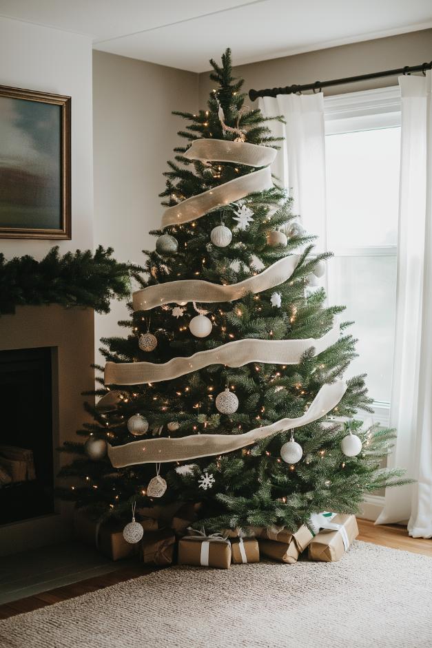 A decorated Christmas tree with lights, white ribbons and ornaments. Wrapped gifts are placed under the tree. The tree is in a living room next to a window with white curtains.