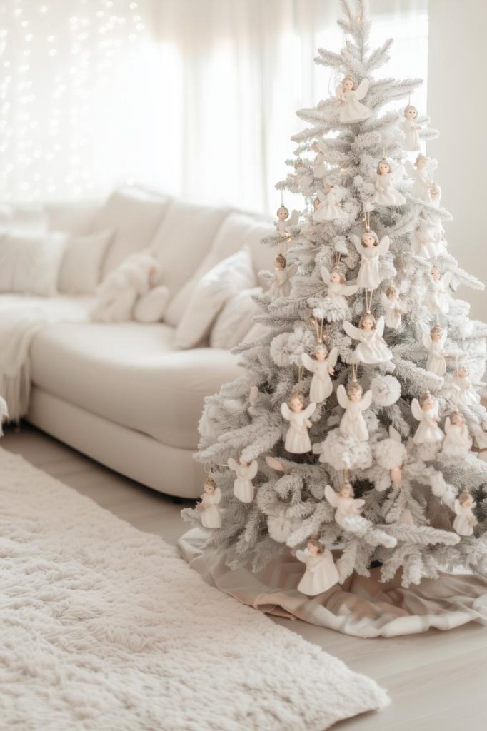 A white Christmas tree decorated with angel ornaments stands in a bright, softly lit living room with a white sofa and a fluffy carpet.