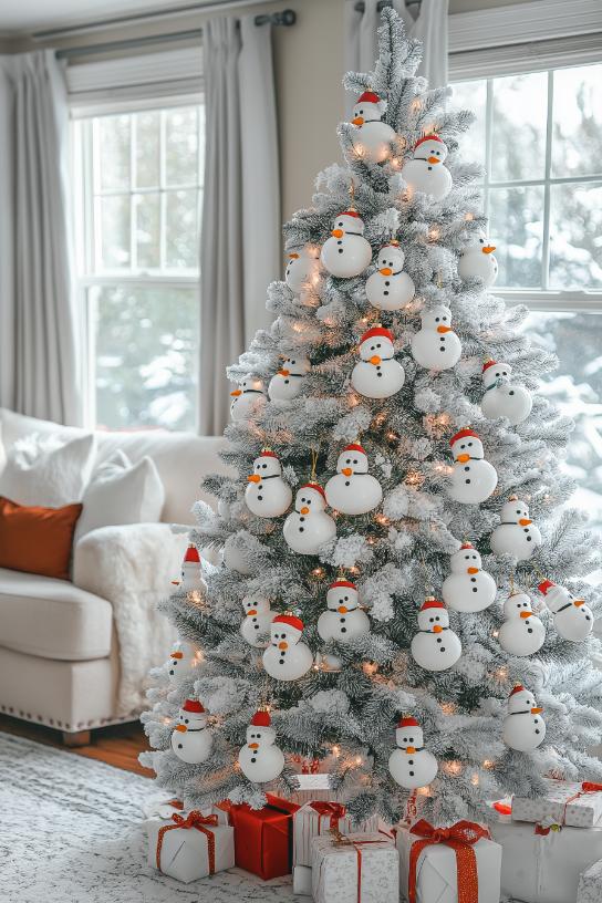 A Christmas tree decorated with several snowman ornaments stands in a living room with a white couch and wrapped presents underneath.