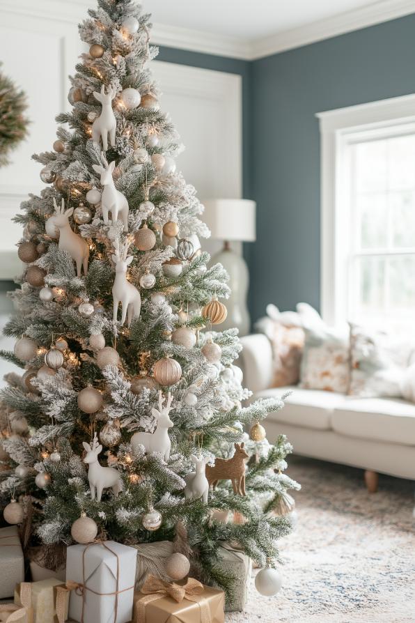 A decorated Christmas tree with white and gold ornaments stands in a living room next to wrapped presents. In the background you can see a couch and a window with light curtains.