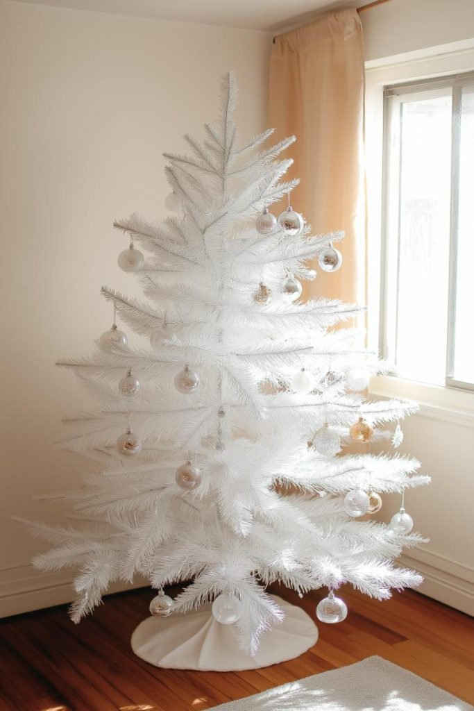 White artificial Christmas tree decorated with white and silver balls in a brightly lit room next to a window with beige curtains.