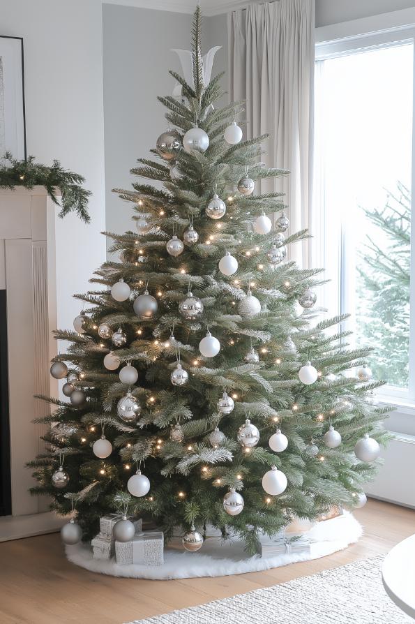 A decorated Christmas tree with white and silver ornaments and white lights stands next to a window in a well-lit room. A white tree skirt and two gifts are placed at the base.