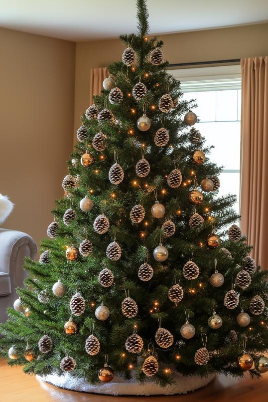 A decorated Christmas tree with pine cones, gold ornaments and white lights stands in a living room next to a window with tan curtains.