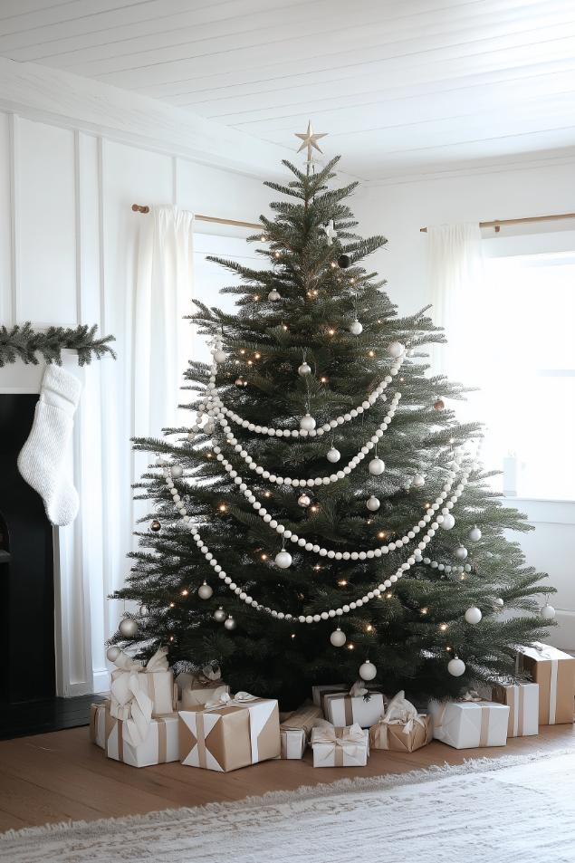 A decorated Christmas tree with white garlands, ornaments and a star on top. Wrapped gifts surround the base. A fireplace with a white stocking can be seen in the background.