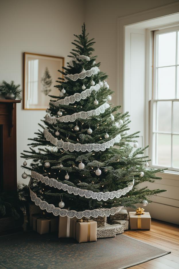 There is a decorated Christmas tree with silver balls and white garlands at a window. Wrapped gifts are arranged underneath.