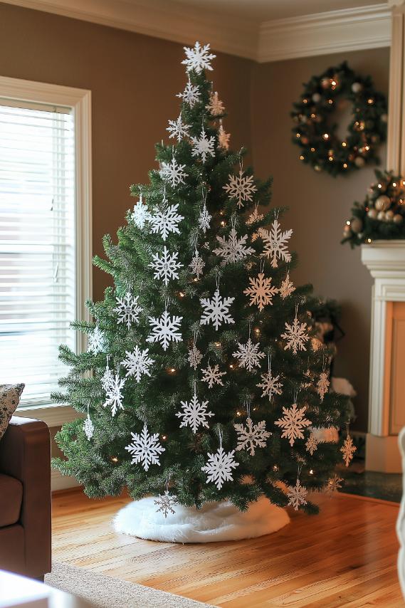 A decorated Christmas tree with white snowflake ornaments stands in a living room with hardwood floors.