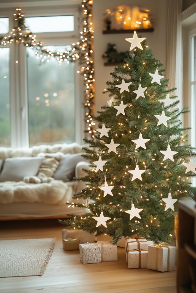 In a warmly lit living room there is a decorated Christmas tree with star-shaped ornaments and presents underneath. A garland of lights is draped over the windows in the background.