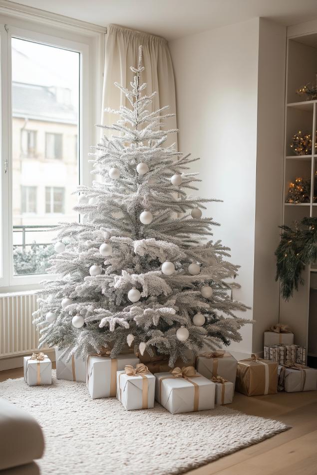 A white Christmas tree decorated with white balls, surrounded by wrapped presents with gold ribbons, stands in a light-filled room with large windows.