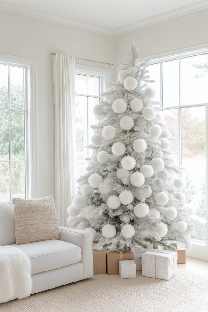 A white Christmas tree decorated with large white pompoms stands next to a white sofa in a light-filled room, with wrapped presents lying at the foot of the tree.