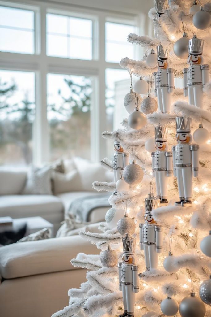 A tall white artificial Christmas tree with minimal lighting stands in a corner of a room near a window and a white sofa.