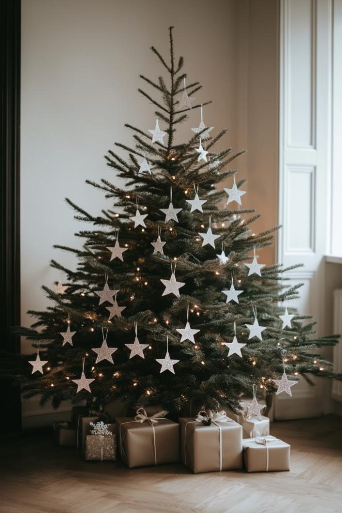 In one room there is a decorated Christmas tree with white stars and fairy lights, including several wrapped presents.