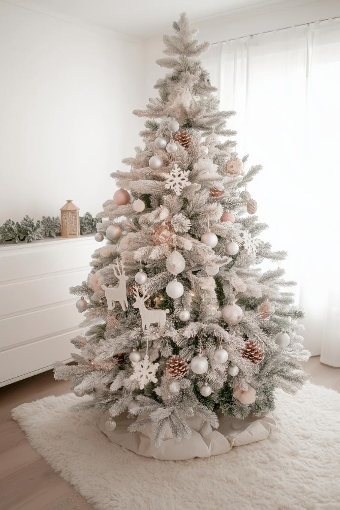 In a bright room, a white decorated Christmas tree with ornaments, pine cones and reindeer decorations sits on a white carpet next to a dresser and a window.