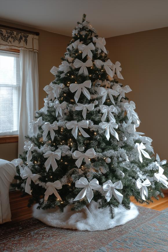 A decorated Christmas tree with white bows and lights, placed next to a window in a cozy room with beige walls and a carpet on the floor.