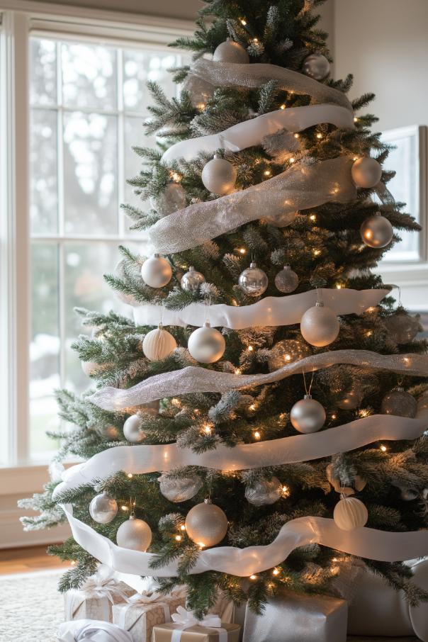 A decorated Christmas tree with white and silver ornaments and ribbons stands by a large window. Gifts are placed under the tree.