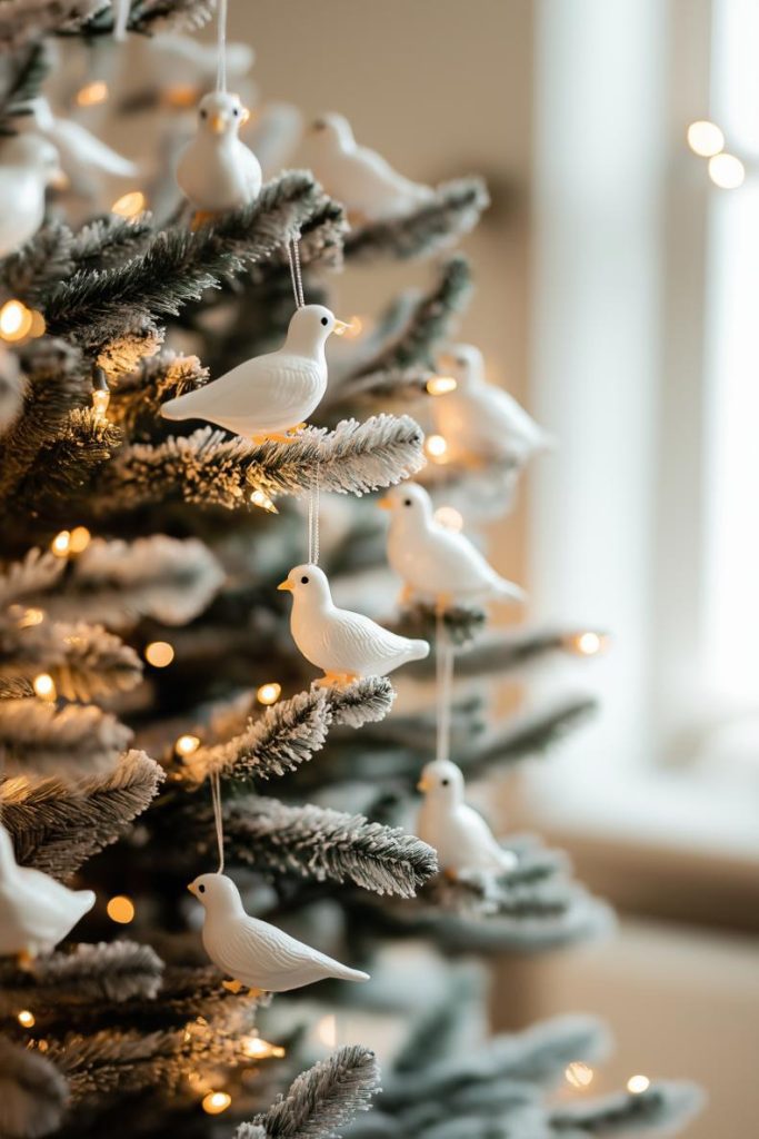 Close-up of a Christmas tree decorated with white bird ornaments and fairy lights in a softly lit room.