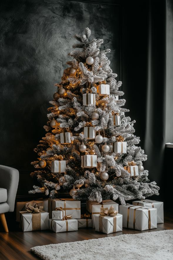 A decorated Christmas tree with white and gold ornaments and wrapped presents underneath. The setting includes a dark wall and a nearby gray chair.