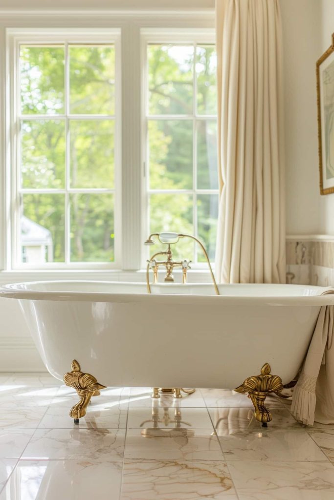 The claw-foot bathtub, resplendent with gleaming brass fittings, is proudly the centerpiece of the room. Its delicate curves and polished finish evoke a sense of bygone elegance, making it the perfect centerpiece for any French country style bathroom.