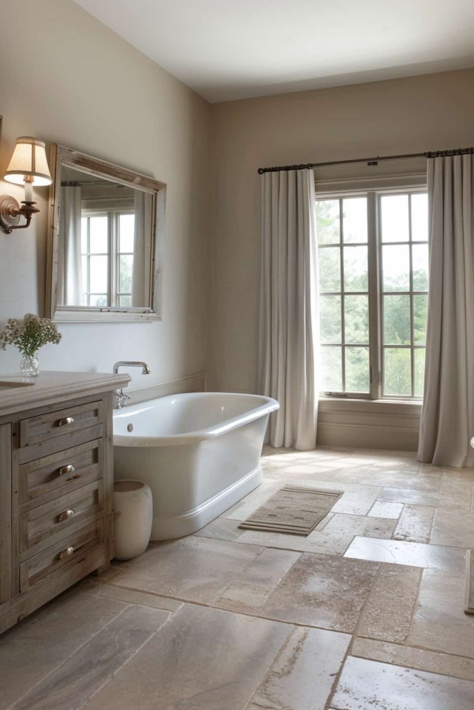 A palette of warm neutrals gives the room a rustic warmth. From beige carpets to gray curtains and cream walls, they complement wooden drawers, a wooden-framed mirror and a simple bathtub.