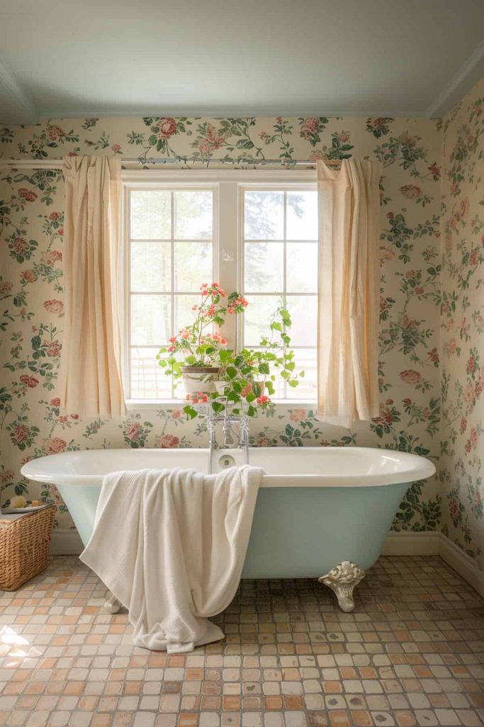 Walls decorated with floral wallpaper in soft pastel tones breathe life into the room and give the bathroom a gentle rural charm. The subtle patterns and calming colors create a calm and inviting atmosphere.