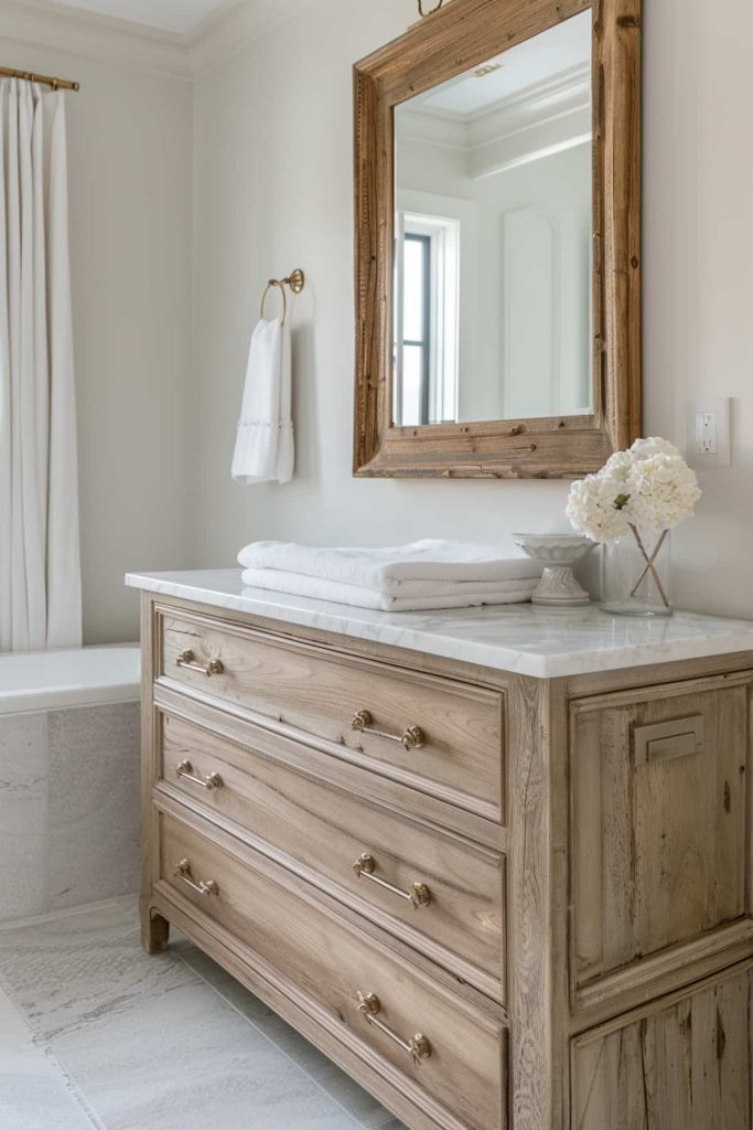 An exquisite antique wood vanity topped with an elegant marble countertop serves as the beautiful focal point of this French country-style bathroom. The combination of aged wood and polished marble embodies the rustic and elegant style.