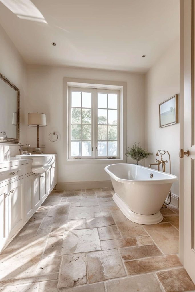 The floor is a carpet of stone tiles, whose warm tones are reminiscent of the sunlit fields of the French countryside. These natural tones provide a cozy and earthy foundation for bathroom design.