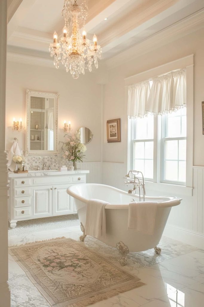 Ornate chandeliers glitter above, providing a warm, atmospheric light and enriching the overall impression of the bathroom. The intricate designs and soft lighting give the bathroom a luxurious and inviting feel.