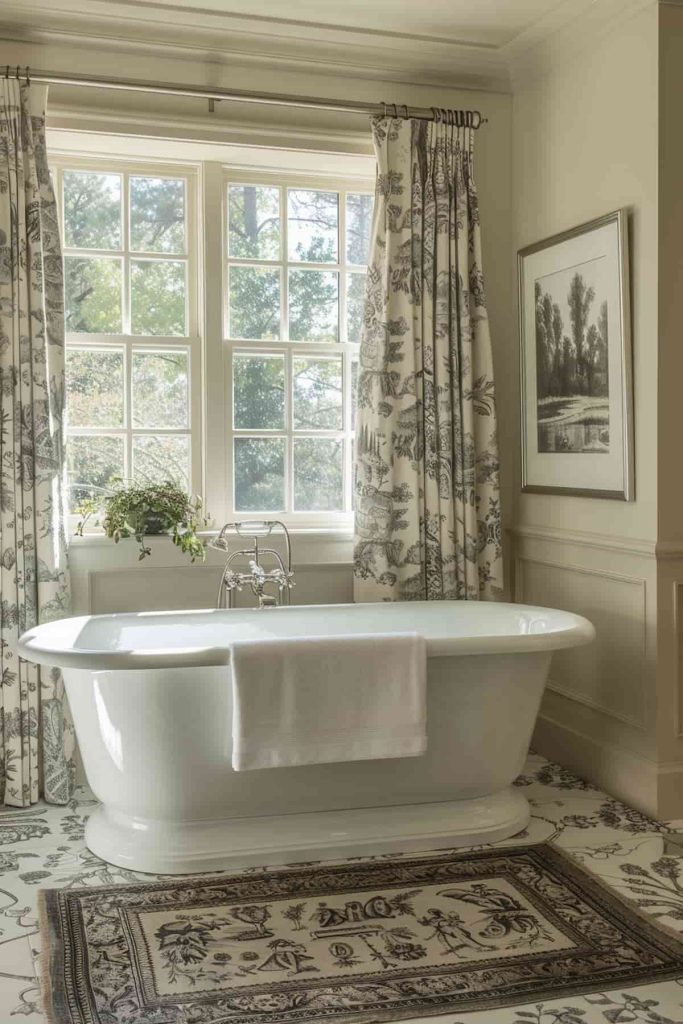 French toile curtains and rugs depict pastoral scenes that transport one to a quiet, bygone era. These classic prints bring elegance and historical charm.