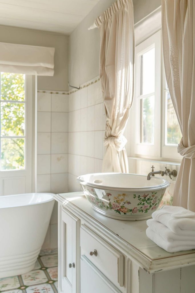 The bathroom features a ceramic sink with hand-painted motifs that tell a story through art. The artisan craftsmanship gives the bathroom a unique and personal touch.