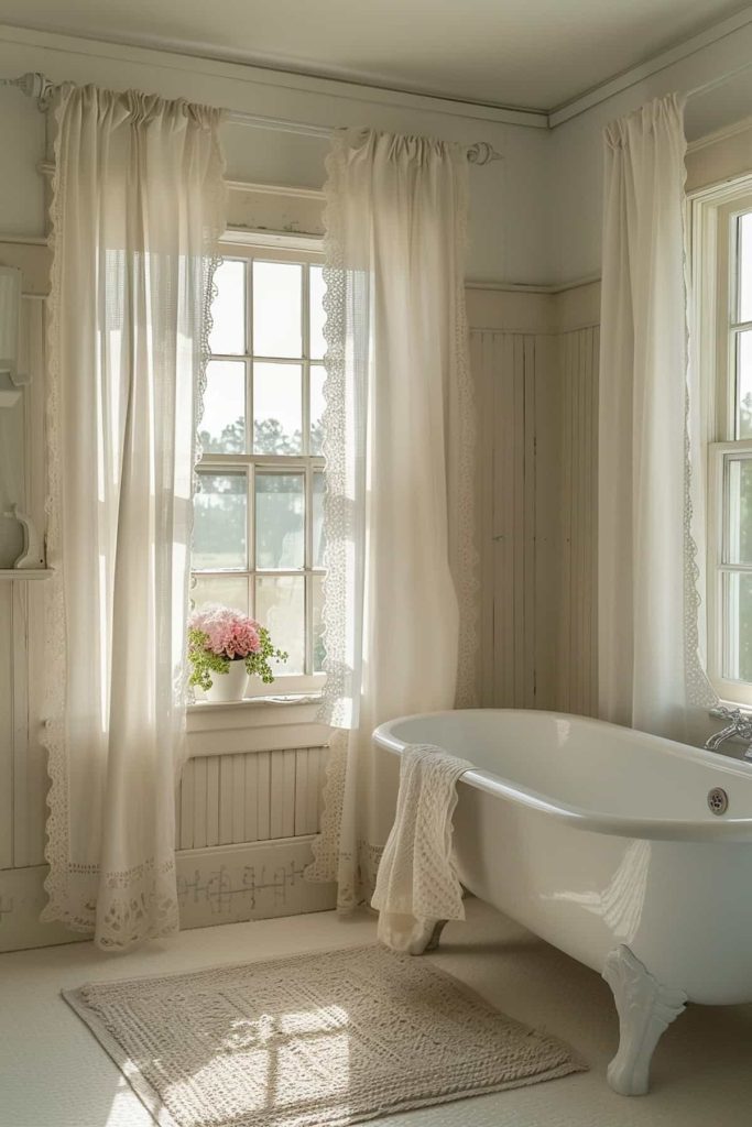 Linen curtains with lace trim flutter gently and cast a calm light into the room. The delicate lace details emphasize the romantic and airy atmosphere of the bathroom.