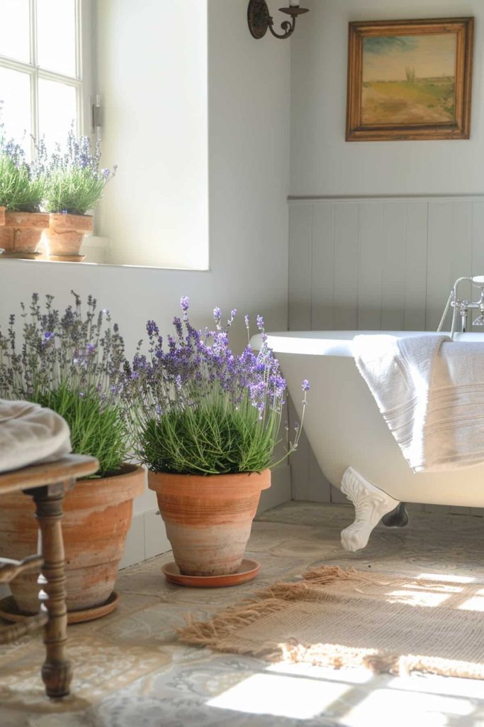 Clusters of terracotta pots house fragrant lavender plants and offer a sensory nod to the French countryside. The natural aroma and rustic look of the pots emphasize the provincial charm of the room.