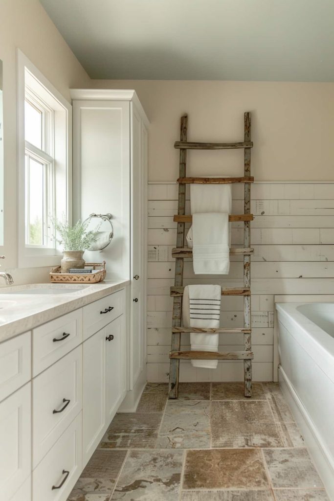 A rustic wooden ladder repurposed as a towel rack brings a sense of farmhouse and French country aesthetic and ingenuity to the space. It is a functional and decorative piece full of rustic appeal.