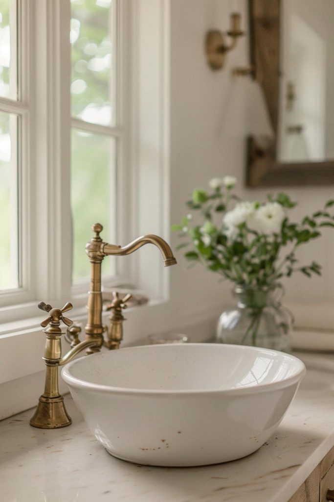 Vintage brass fittings and handles ensure the ceramic bowls fit beautifully with the rustic French country aesthetic. Their classic design and warm tones add depth to the room and stand out on the countertop.