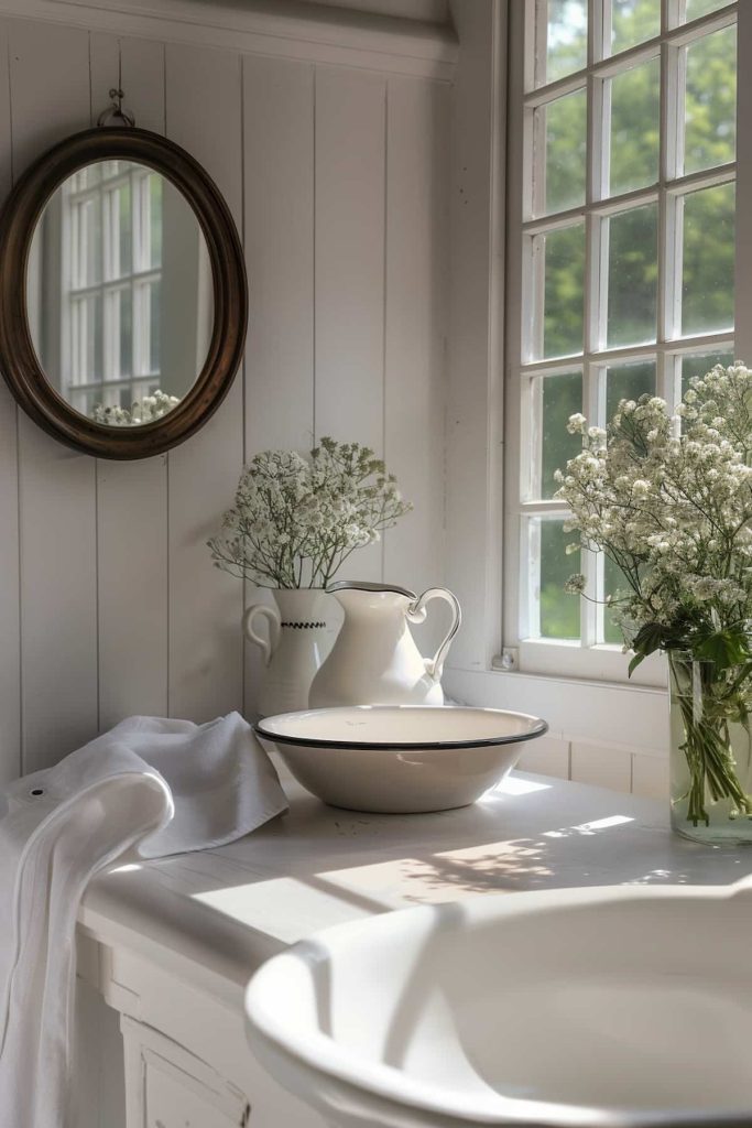 Enamel jugs and sink sets evoke the charm of simpler times while serving as charming decorations in a French country-style bathroom. These pieces add a nostalgic touch to the room and can also be functional.